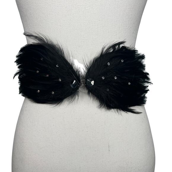 Vintage 90s Size Medium Large Black Feather Rhinestone Belt Wide Stretch Cinch main image 9